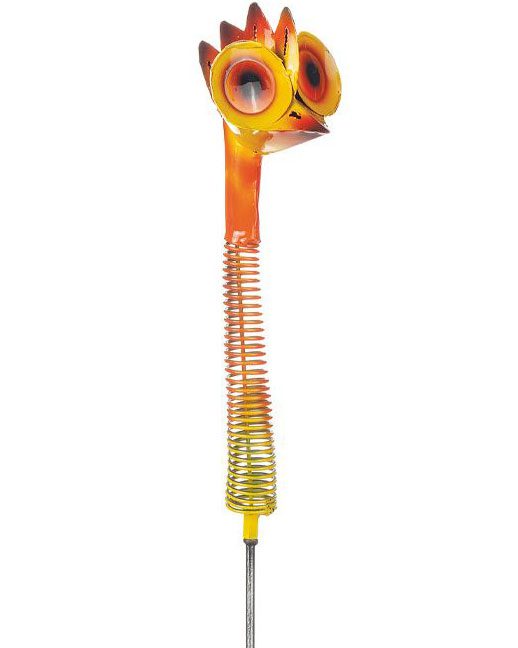 Trädgårdssticks fågel i hamrad plåt, färg orange.